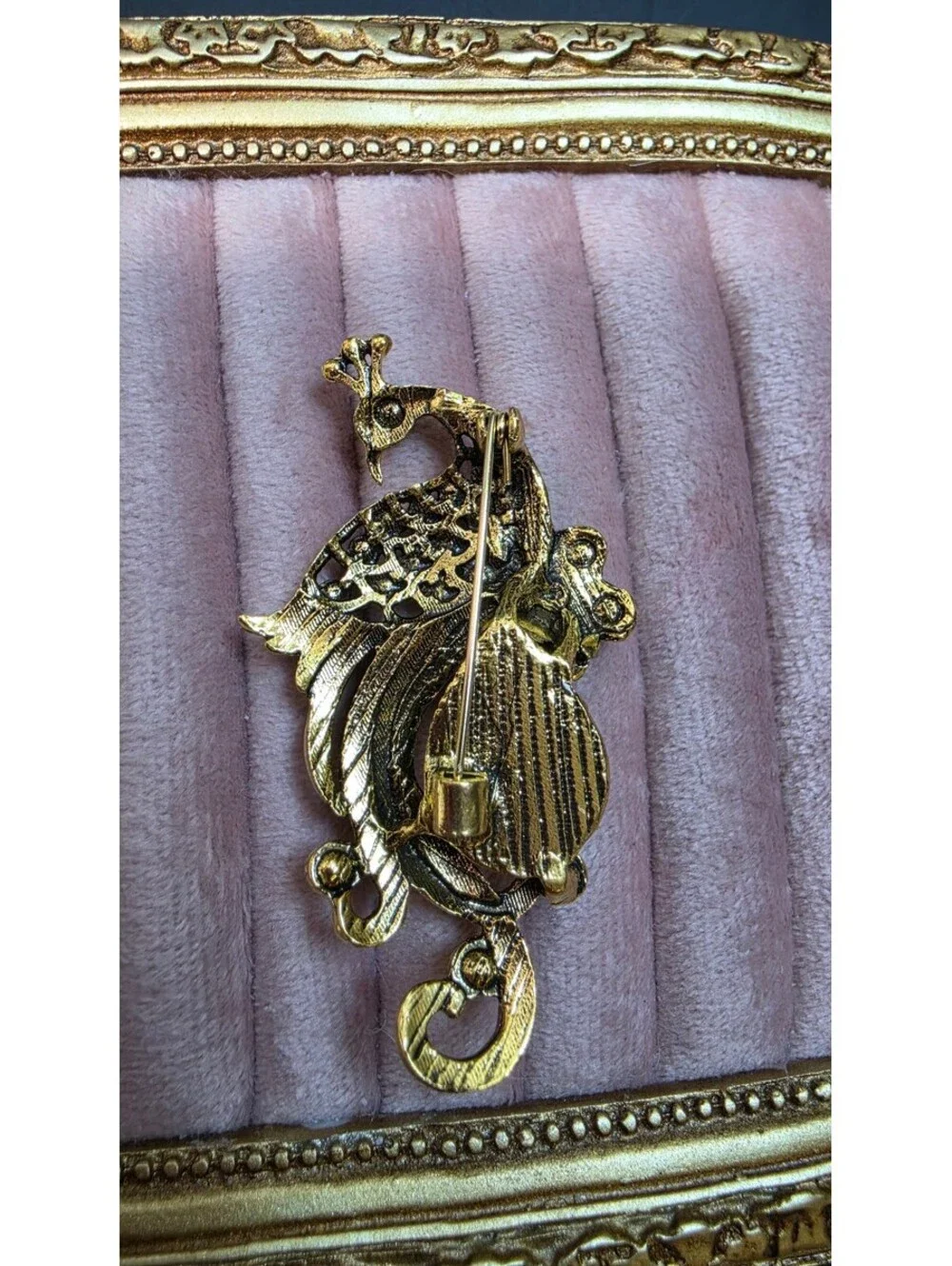 Vintage Style Peacock Brooch with Multicolor Stones and Green Centerpiece